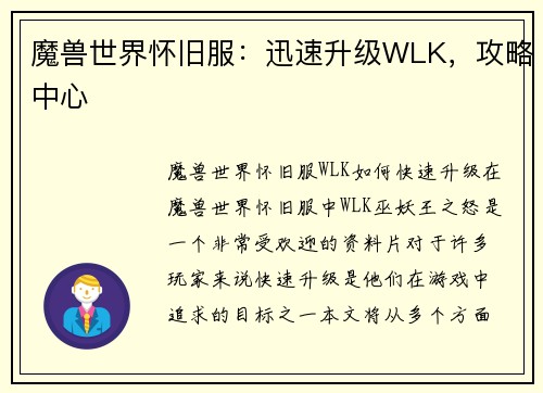 魔兽世界怀旧服：迅速升级WLK，攻略中心